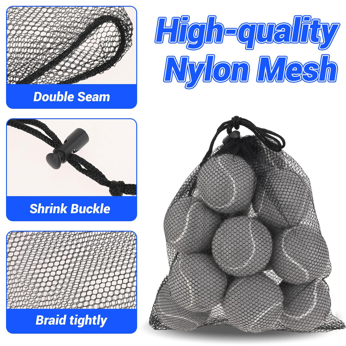 Thinp 2 Pcs Golf Ball Mesh Bag With Drawstring - Nylon Bag for Pool Toys, Tennis Balls (2 Sizes, Black)