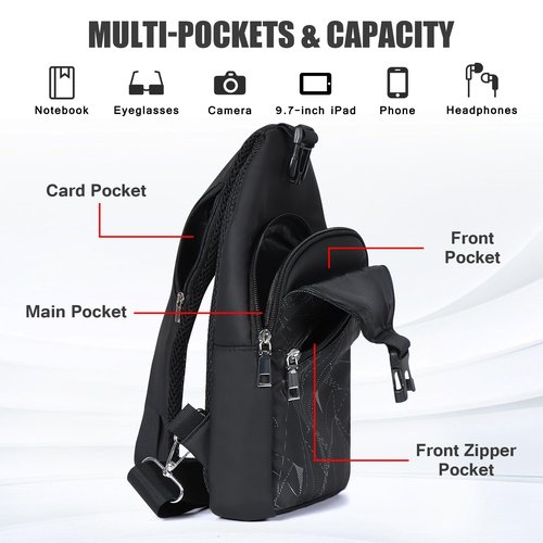Geestock Sling Bag Backpack for Men & Women, Crossbody Backpack Shoulder Bag Waterproof Chest Bag for Daypack Travel Hiking (Black)