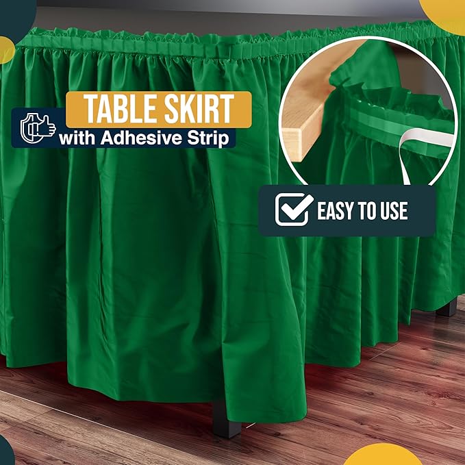 Exquisite Ruffle Table Skirt Emerald Green 2 Pack 14 Ft Long Table Skirts for Rectangle Tables 6ft Plus or Round Tables Skirts with Adhesive Strip for Gender Reveal Decor & Happy Birthday Parties