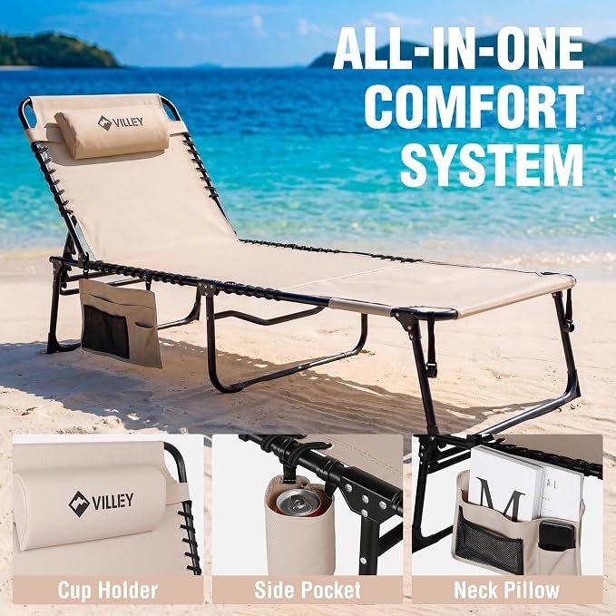 VILLEY Oversized Chaise Lounge Chair with Face Hole, Adjustable Reclining Beach Chair, Portable Tanning Chair, Outdoor Folding Sunbathing Chair for Patio Lawn Beach Pool