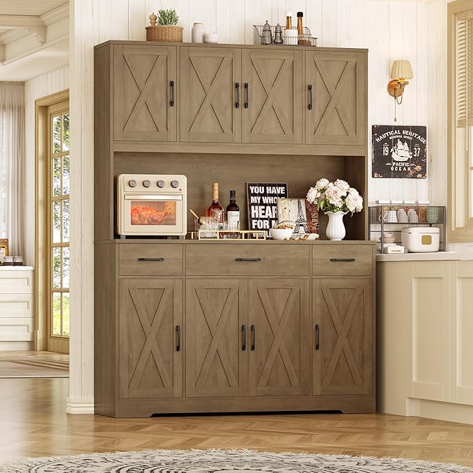 HOSTACK 71" Tall Pantry Cabinet with Charging Station, 55" Wide Kitchen Pantry Storage Cabinet with Countertop, Large Kitchen Hutch with Storage and Microwave Stand for Dining Room, Rustic Brown