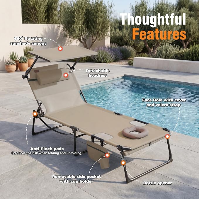 Tanning Chair with Face Hole & Canopy, 28'' Extra Wide, Beige | Folding Chaise Lounge Chair with 4-Position Adjustable Backrest for Beach, Pool, Patio & Camping