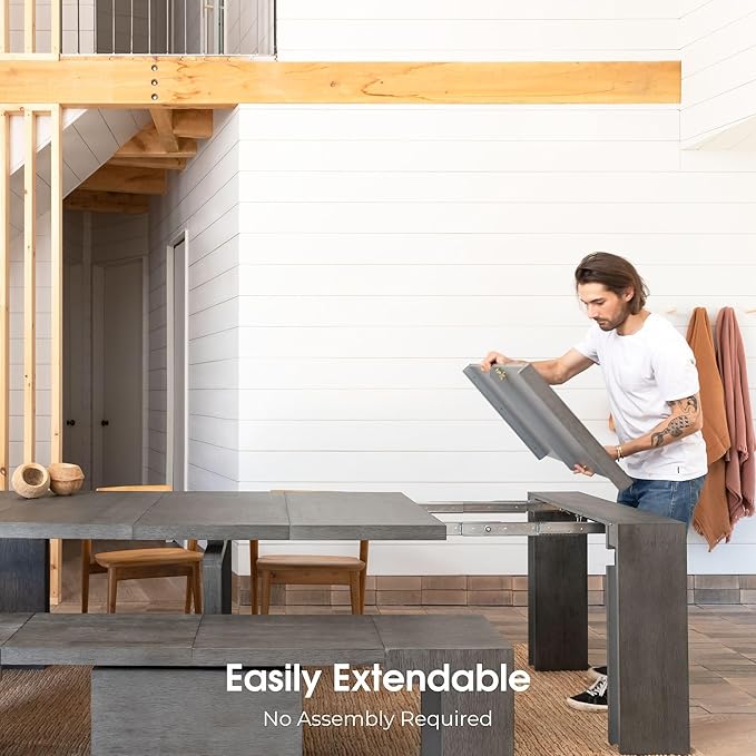Transformer Table - Solid Wood Extendable Dining Table, Seats 2-12, Expandable Dining Room Table, Space-Saving Furniture, Kitchen and Dining Room Furniture (Dark Grey, Table + Bench)