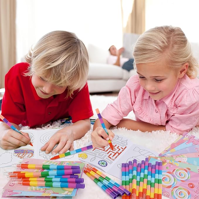 BenLouis 24 Sweet Mini Coloring Books Kids with 24 Stacking Crayons Candyland Donut Party Favors Activity Books Bulk for Kids Ice Cream Birthday Goodie Bag Gift Stuffer Classroom Reward