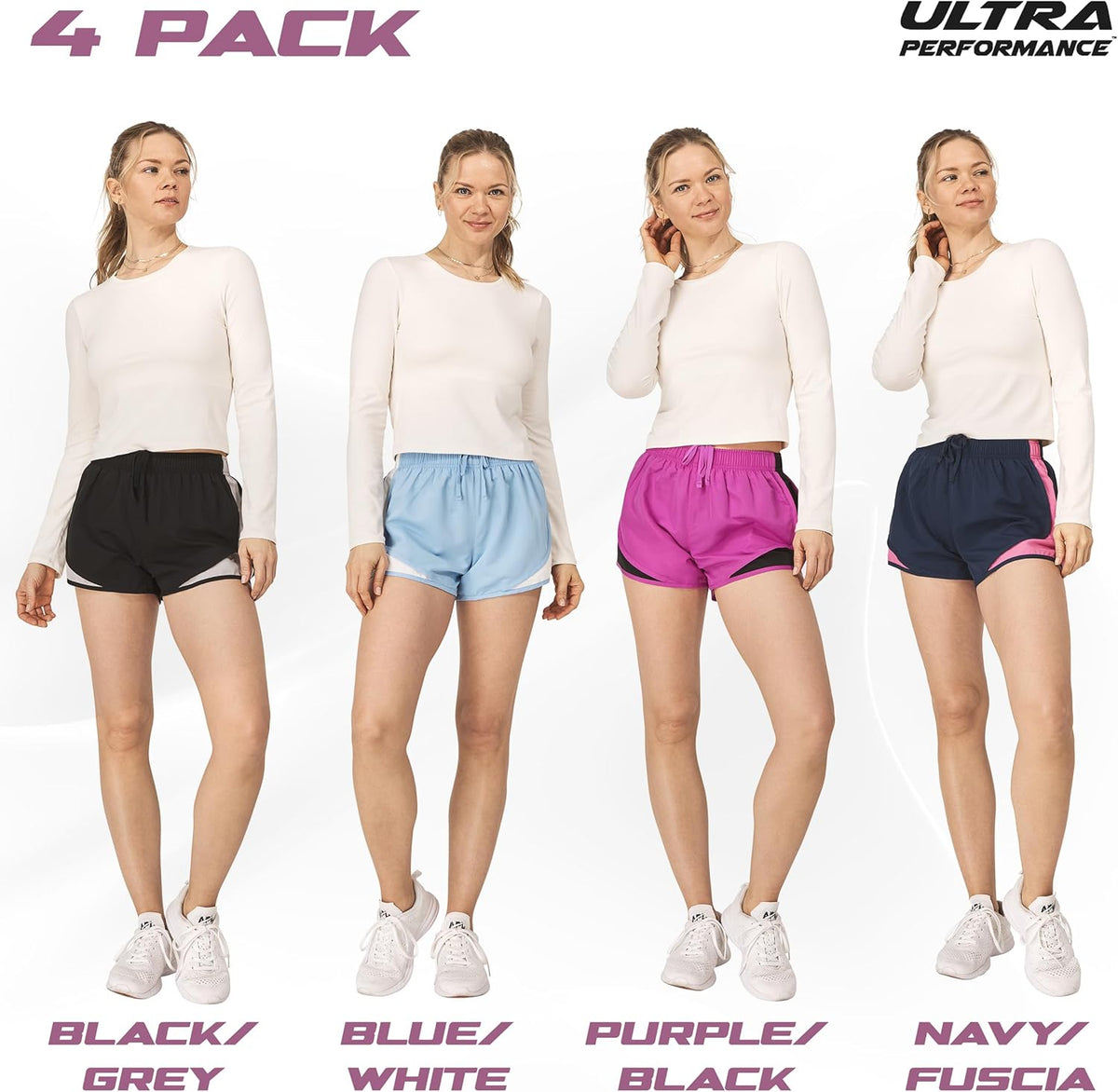 Skiennix Ultra Performance Women's Running Shorts - 4-Pack Athletic Gym Shorts with Brief Liner
