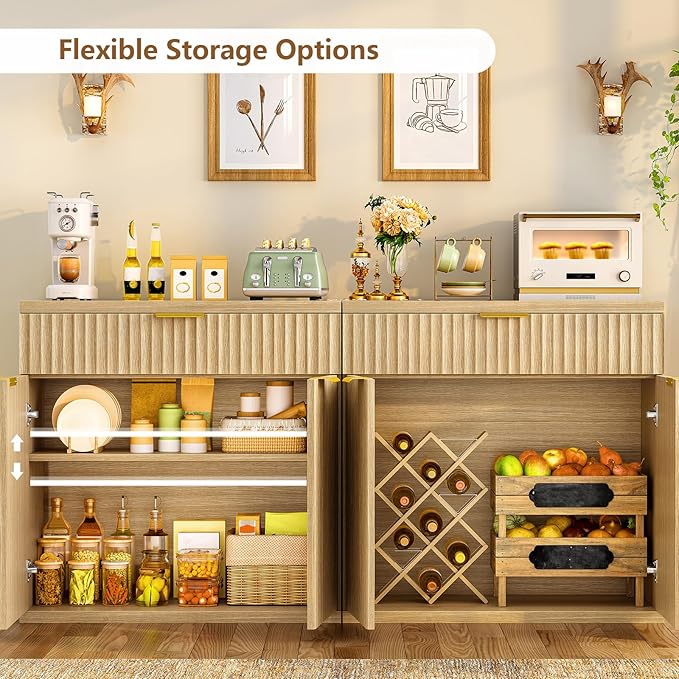TEENFON Fluted Buffet Cabinet with Storage, 31.5" Sideboard Cabinet, Coffee Bar Cabinet with 2 Doors and Adjustable Shelf for Living Room, Kitchen, Entryway, Natural