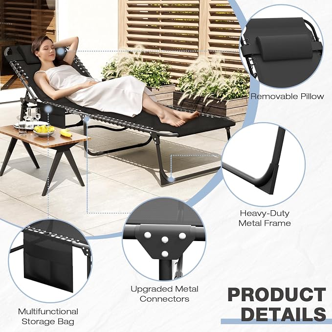 4-Level Reclining Backrest Aluminum Folding Lounge Chair, Outdoor Lounge Chair, Removable Pillow & Side Pocket Design, Breathable Portable Tanning Chair for Poolside, Patio, Backyard, Black