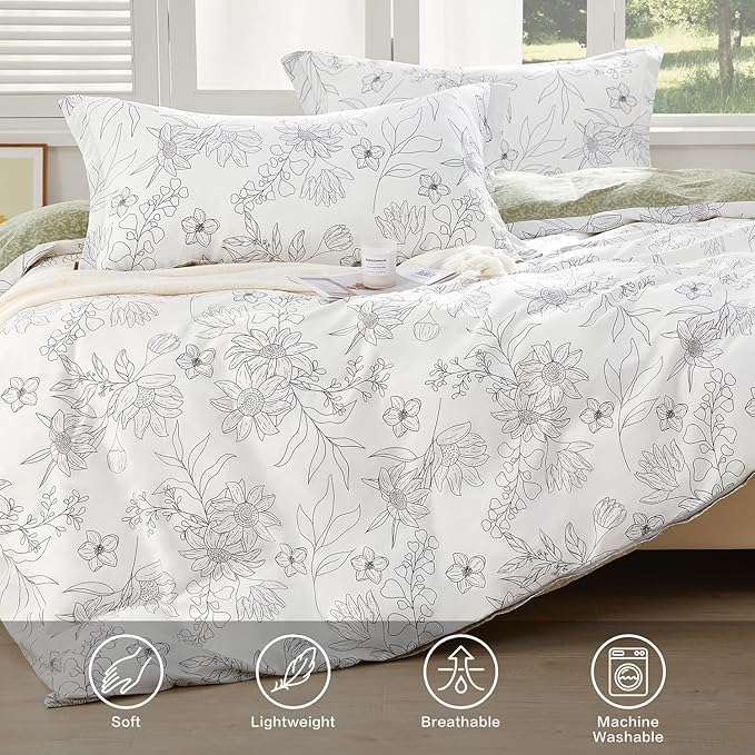 SAPHREAS Drawing Sunflower Duvet Cover Set Queen Size 3pcs Flower Printed White Bedding Comforter Cover Set 100% Cotton 1 Duvet Cover 90"x90" 2 Pillow Shams, Comforter Not Included