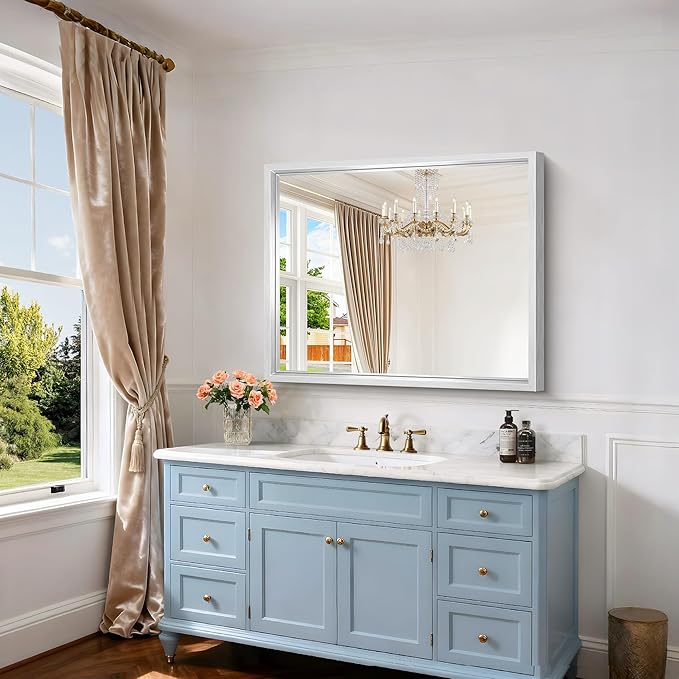 36x30 Silver Bathroom Mirror, Brushed Silver Rectangular Mirror