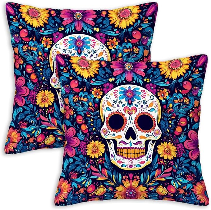 Sugar Skull Pillow Covers 18x18 Set of 2, Day of The Dead Halloween Cushion Cases for Sofa, Couch, Bed and Living Room, Home Decoration for Spring, Summer, Autumn and Winter