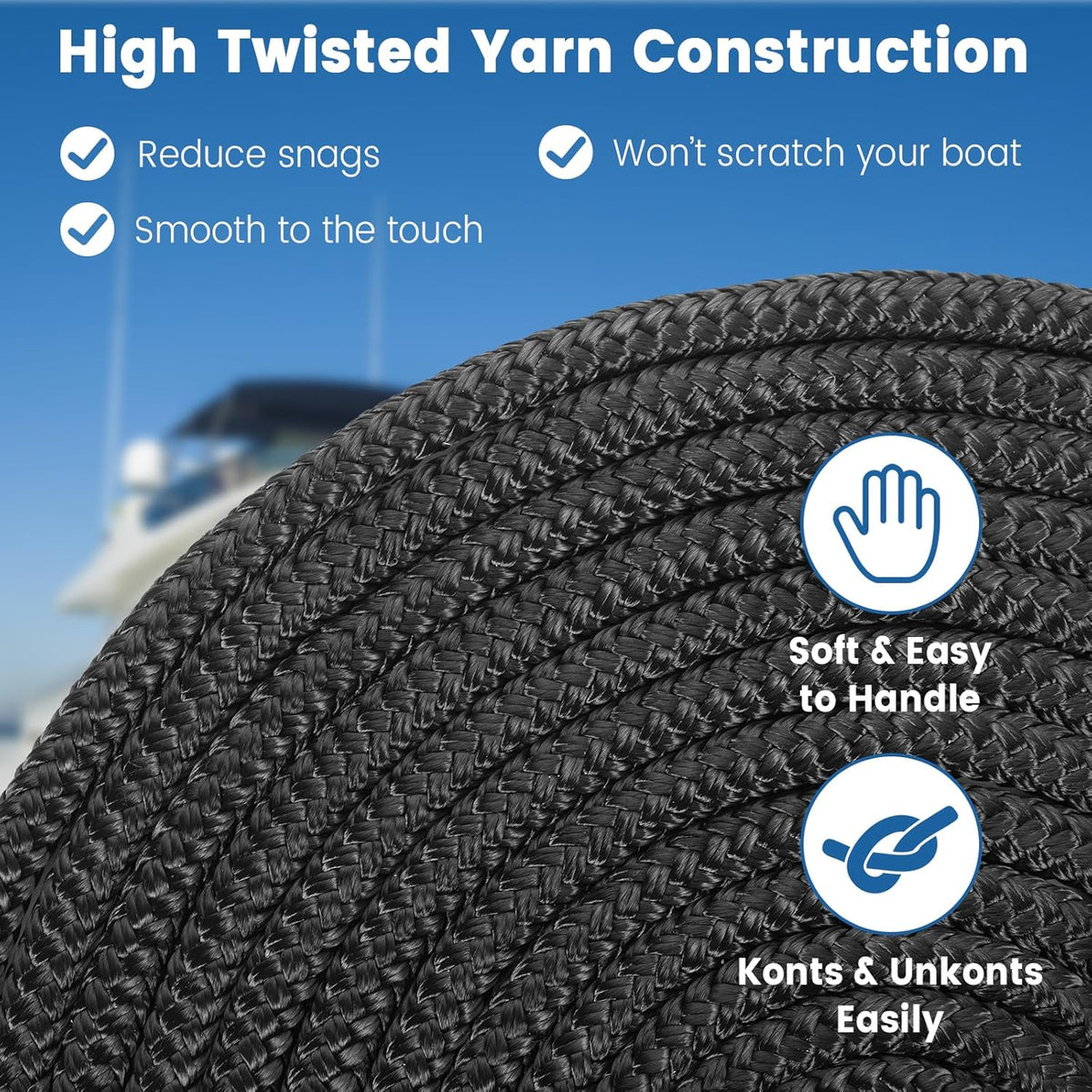 Premium Marine-Grade Dock Lines - Heavy-Duty 3/8" x 15' Double Braided Nylon Ropes | 4 Pack with 12" Security Loops