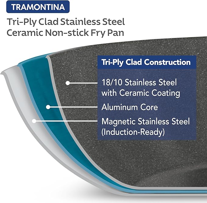 Tramontina Signature 10-Inch Tri-Ply Clad Stainless Steel Frying Pan with Ceramic Non Stick Interior, Induction-Ready Nonstick Skillet, Oven-Safe, Dishwasher-Safe