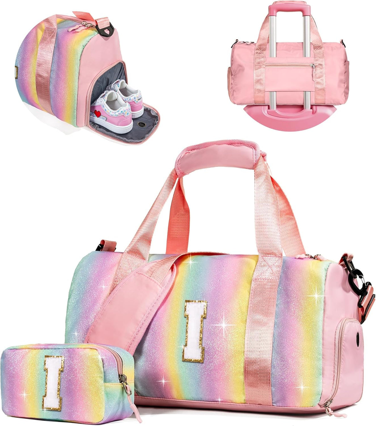 Skiennix Girl Gym Bag - Personalized Weekender Tote with Shoe Compartment & Makeup Pouch (Letter I)
