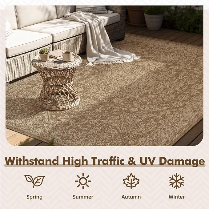 MontVoo-Outdoor Rug-Patio Rug 8x10 Polypropylene Indoor Outdoor Rugs Carpet for Patio Deck Balcony Porch, Textured Weave, Durable for High Traffic, Fade-Resistant, Vintage Medallion Neutral Brown