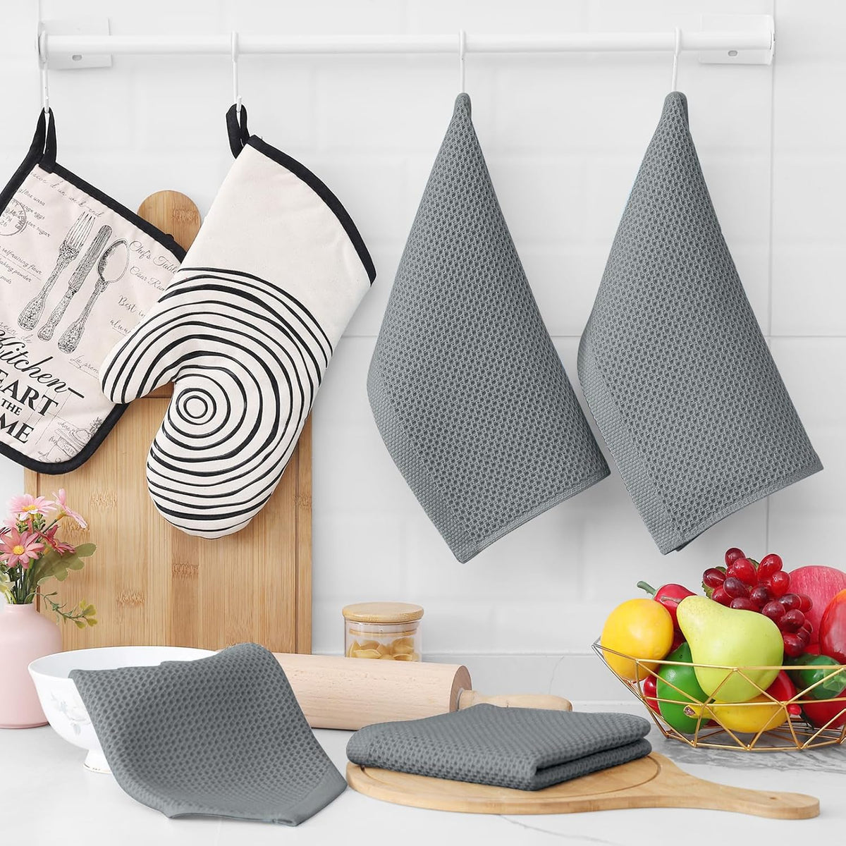 Homaxy 100% Cotton Waffle Weave Kitchen Dish Cloths, Ultra Soft Absorbent Quick Drying Dish Towels, 12 x 12 Inches, 6-Pack, Grey