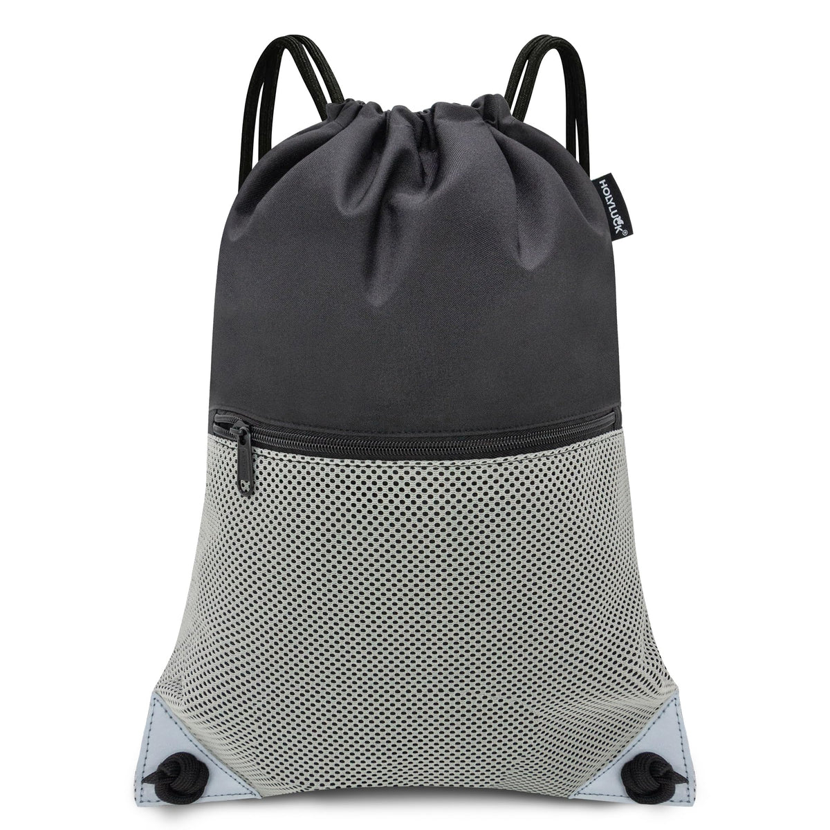 HOLYLUCK Drawstring Backpack Gym Sports Bag with Front mesh zipper Pocket 18.6" L x 13.5" W Cinch Sack String Sackpack For Men Women (black and grey)