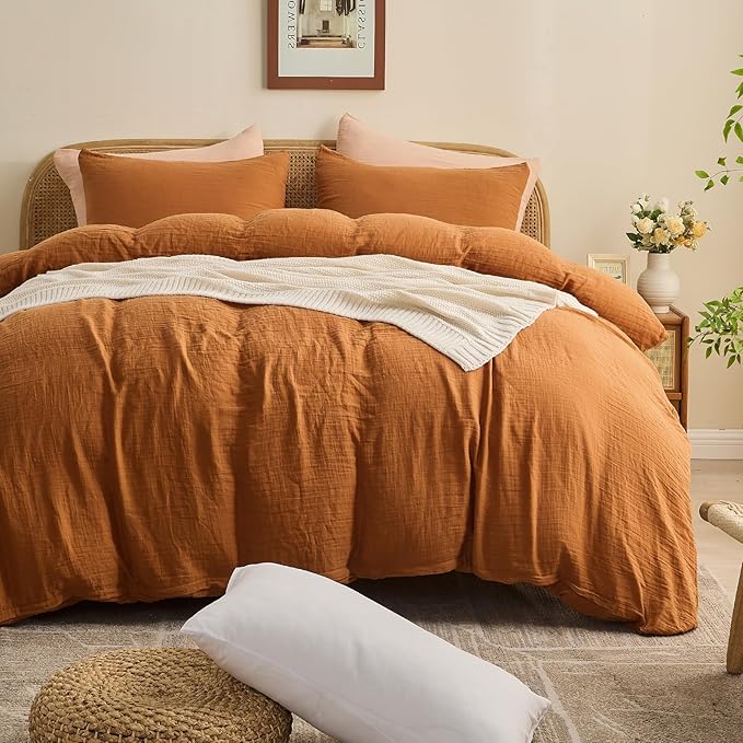 MEISHANG Muslin Duvet Cover Queen Size - 100% Organic Cotton, Soft Textured Gauze Weave Comforter Cover for Breathable All-Season with Zipper Closure - 3 Piece Set (Queen, Brown)