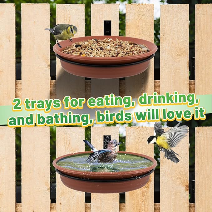 Fence Bird Feeders Tray - 2pcs Tree Mounted Wild Bird Bath for Outdoors Place Food Water, Installed on Wooden Deck Fence with Heavy Duty Iron Ring, 8.3'' Dia. (Brown)