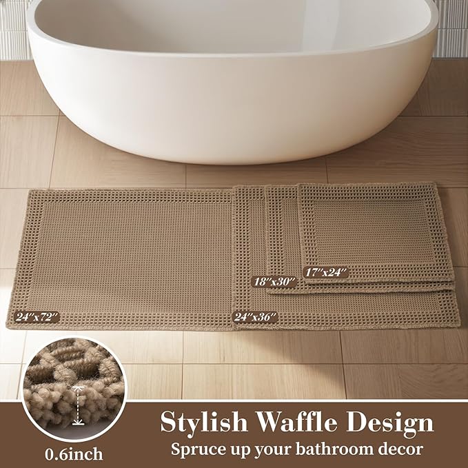 RESARE Waffle Bathroom Runner Rugs, Super Absorbent Bath Mat Non Slip Washable Quick Dry, Upgraded Ultra Soft Boho Bath Rugs with Tassels for Hallway Bedroom Laundry Room, 2'x6'(24"x72"), Brown