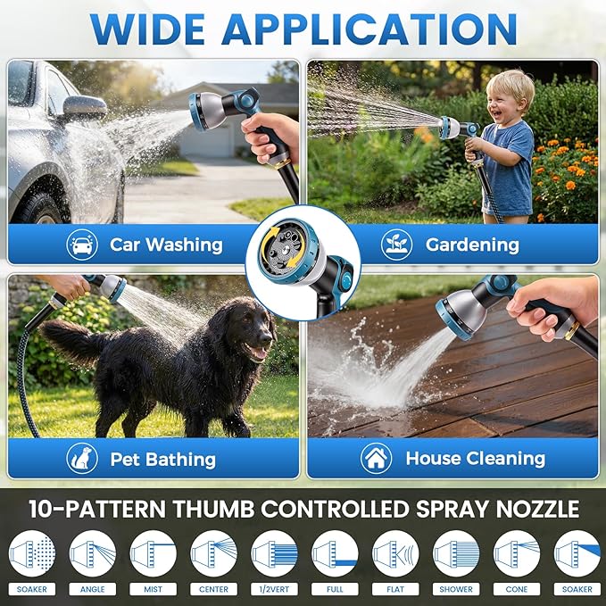 Non-Expandable Garden Hose – Ultra Lightweight & Leak-Proof Kink-Free Water Hose with 10-Function Spray Nozzle – Wear-Resistant Hybrid Hose for Yard, Lawn, Car Wash & Outdoor Use – 50 ft