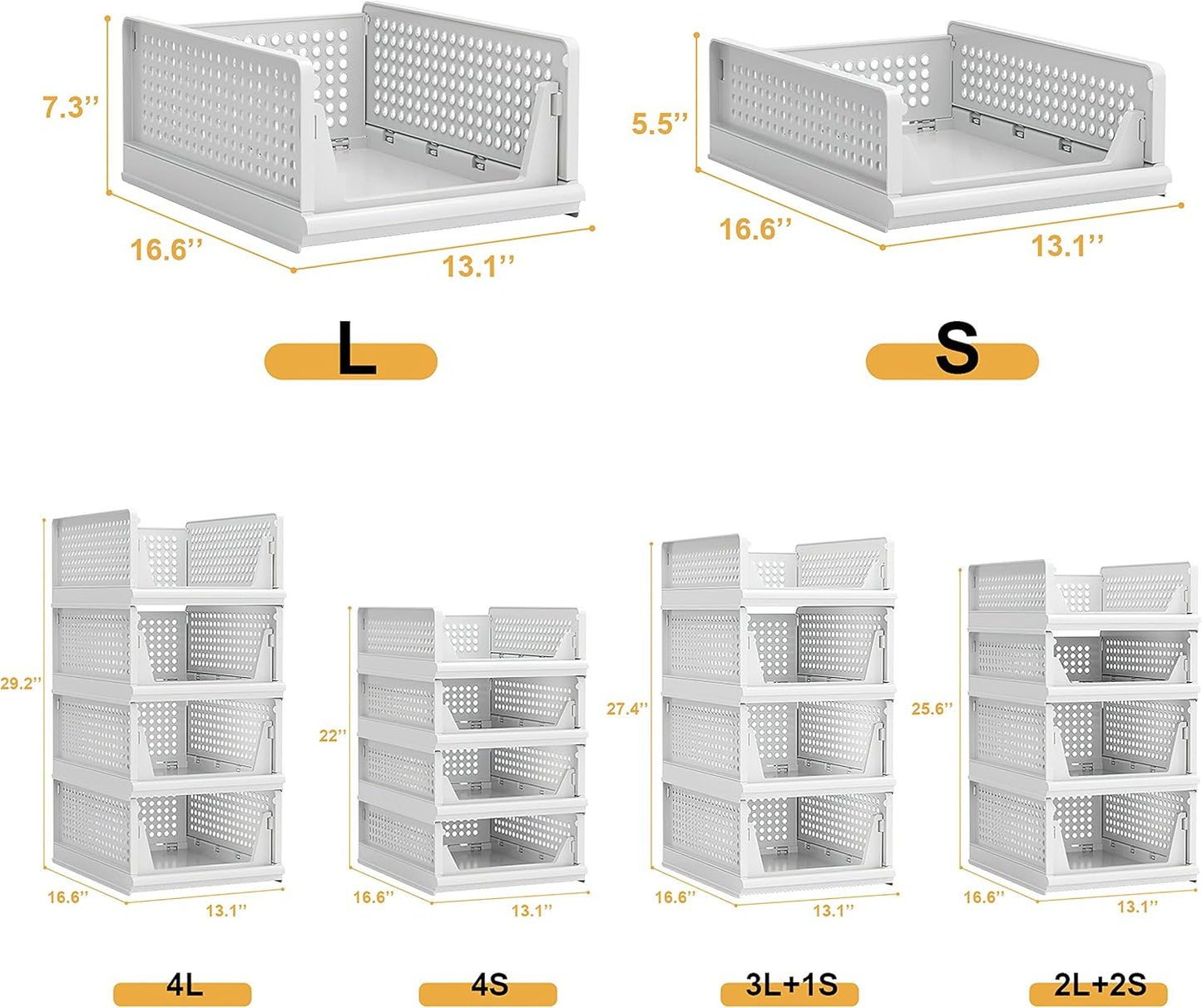 Proarea 4 Pack Stackable Plastic Storage Basket Closet Organizer Bin Foldable Clothes Organizer Storage Drawer Shelf Container for Living Room Bathroom Kitchen Office (2L+2S)