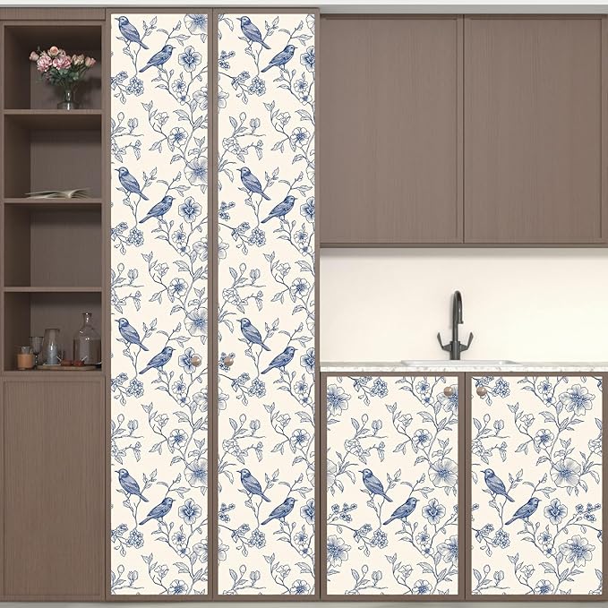 Beige Wallpaper Peel and Stick Blue Floral Bird Vintage Contact Paper 17.5" x