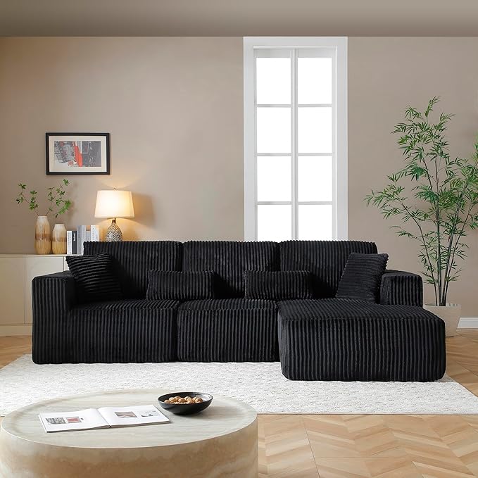 L Shaped Modular Boneless Sectional Couches for Living Room, Wide Armrest, Deep Seat, Memory Foam, Assembly Free, Modern Comfy Corduroy Fluffy Cloud Sofa with Right Chaise, Black