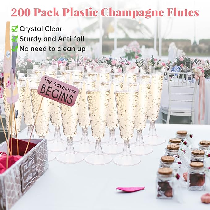 SUREHOME Plastic Champagne Flutes 200 Pack Champagne Glasses Disposable Mimosa Glasses 5 Oz Crystal Clear Plastic Flutes for Party Drinking Cocktail Cups Acrylic Wedding Toasting Glasses Flutes Bulk