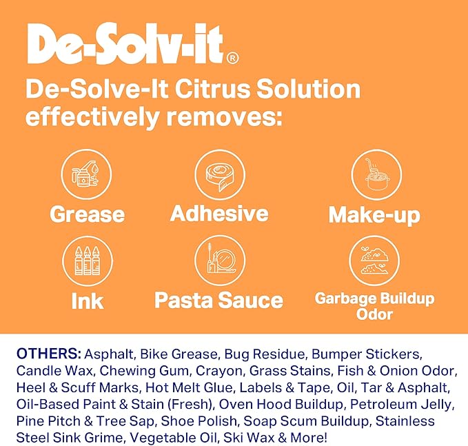 Orange-Sol De-Solv-It Citrus Solution – Multi-Surface Cleaner & Degreaser, Removes Sticky Residue, Oil & Grease, 33 oz (Pack of 2)