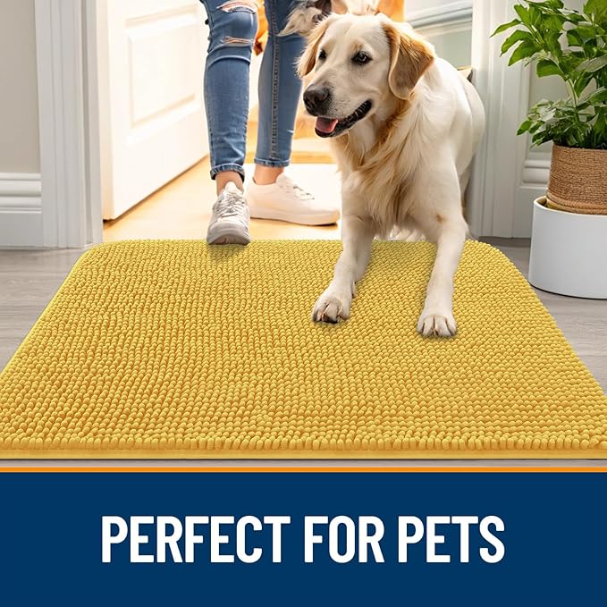 OLANLY Dog Door Mat for Muddy Paws 24x16, Absorbs Moisture and Dirt, Absorbent Non-Slip Washable Doormat, Quick Dry Chenille Mud Mat for Dogs, Entry Indoor Entryway Carpet for Inside Floor, Yellow
