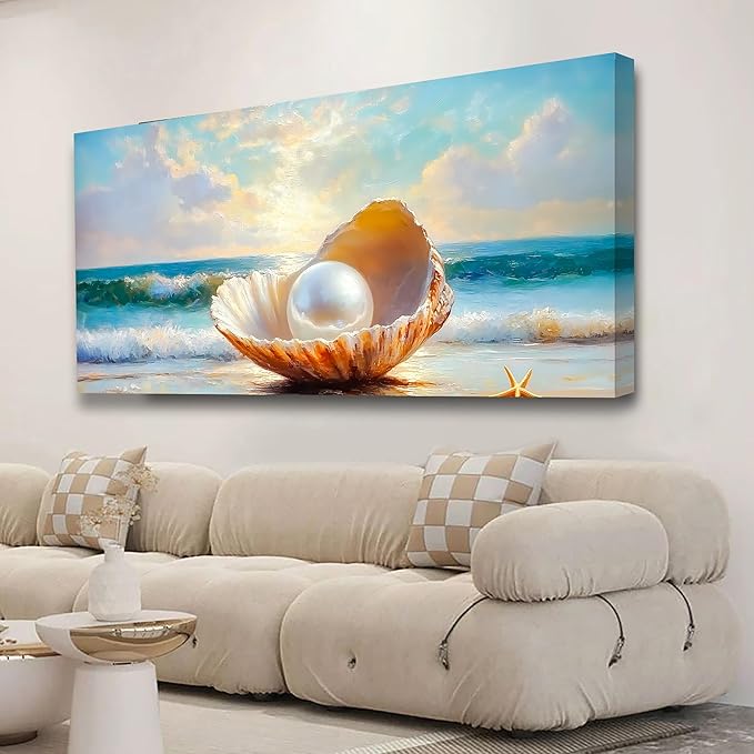 Seashells Pearls Pictures Canvas Wall Art Living Room Office Bedroom Wall Decor Sea Landscape Wall Art Prints Modern Blue and White Landscape Artwork Waterproof Ready to Hang - 20x40 inches