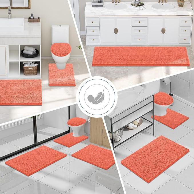 Smiry Luxury Chenille Bathroom Rugs 36x24, Extra Soft and Absorbent Shaggy Bath Mat, Machine Washable, Non-Slip Plush Carpet Runner for Tub, Shower, and Floor, Home Decor Accessories, Coral