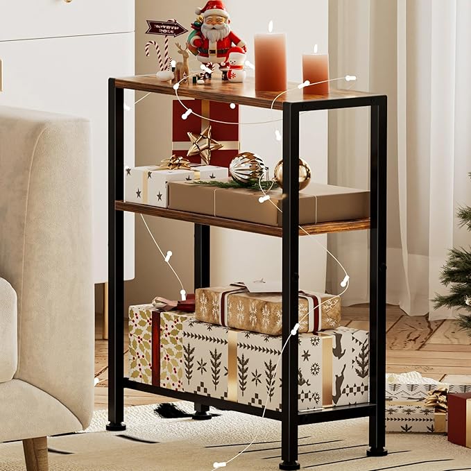 Narrow Side Table Set of 2 for Small Space, 2-Tier Small End Table with Shelf Holder, Slim Nightstand, Skinny Snack Couch Table in Living Room, Bedroom, Study, Kitchen and Balcony (Rustic Brown)