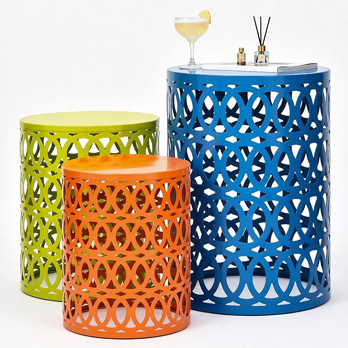Side Table Set of 3, Modern Decorative Coffee Table with Geometric Cut-Out Design, Durable Metal Table with No Assembly&Weather-Resistant, Industrial Round Garden Stool for Patio, Indoor