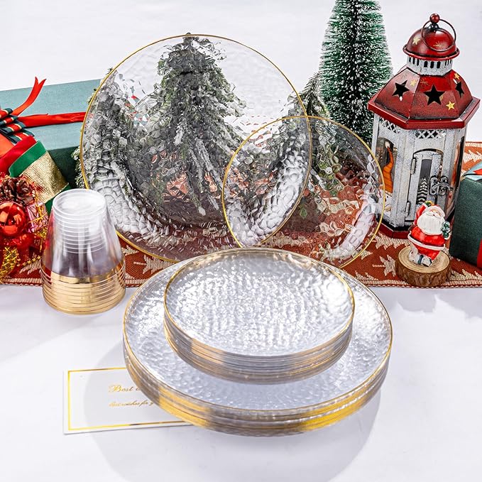 Rubtlamp 60Pcs Clear Plastic Plates,Clear Disposable Plates With Gold Rim,Heavy-duty Gold Plates,Hammered Party Plates Include 30Clear Dessert-Platos,30Dinner-Platos for Wedding, Party&Christmas