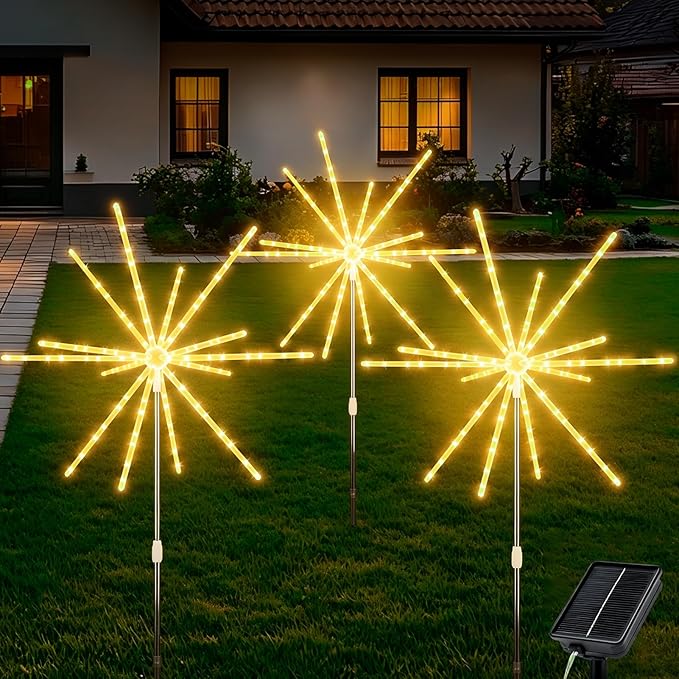 CCILAND 3 Pack Solar Firework Lights Outdoor, 336 LEDs Solar Starburst Garden Lights with Timer 8 Modes, Waterproof Decorative Lights for Yard Patio Walkway Pathway Party Wedding (Warm White)