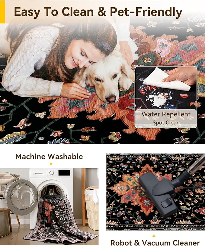 Area Rugs Square 10ft Washable Non-Slip, Floral Vintage Distress Print Pattern Medallion Carpet for Living Room Bedroom Dining Room, Black Colorful Floral Dark Tan