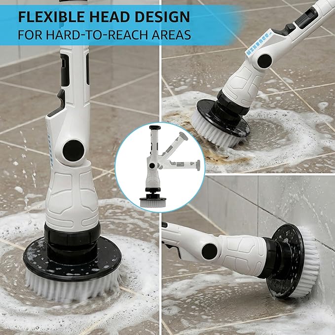 Electric Spin Scrubber – Cordless Power Cleaner with 8 Brush Heads, Long Adjustable Handle, 3 Speed for Deep Bathroom, Tile, Floor & Tub Cleaning, 6-Angle Adjustable