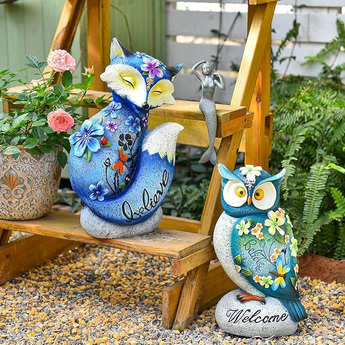 Sungmor Solar Garden Statue Fox Figurine with LED Lights, Solar Powered Resin Sculpture Yard Lawn Ornaments, Hand-Painted Outdoor Figurine Lights Decorations, Housewarming Gift