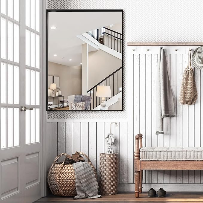 48x32 Inch Black Bathroom Mirrors for Over Sink, Contemporary Wall Mirror, Rectangle Framed Mirrors for Bathroom, Decorative Vanity Mirror for Living Room Entryway Horizontal/Vertical