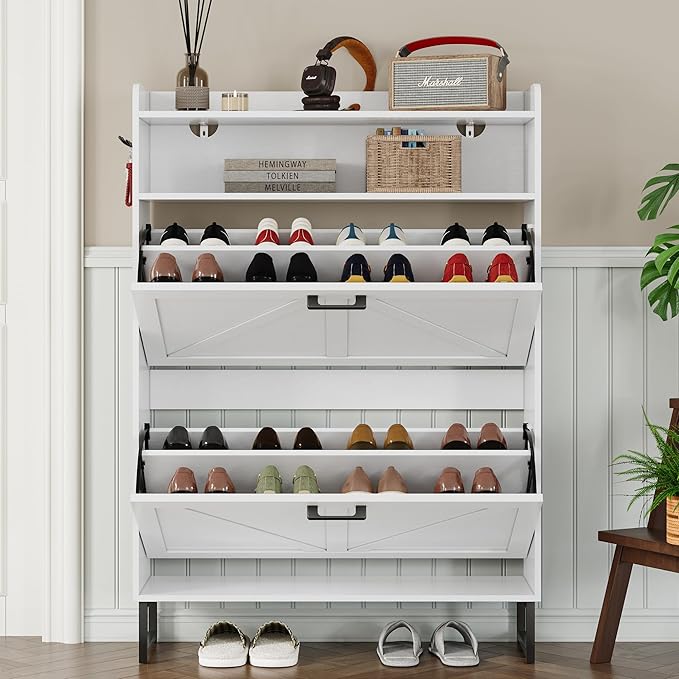 Shoe Cabinet with 2 Flip Drawers Narrow Shoe Storage Cabinet Organizer Wooden Freestanding Shoe Rack Hidden Slim Shoes Storage Cabinet for Entryway, Hallway, Bedroom