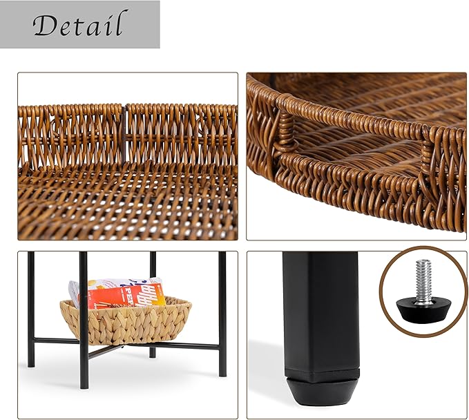 DINGTAI Small Wicker Round End Table, 16.5 in Rattan End Tables with Removable Tray, Waterproof Sofa Coffee Side Table, Indoor Outdoor Side Tables for Patio, Living Room Bedroom Office