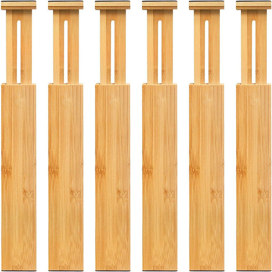 VaeFae 6-Pack Bamboo Drawer Dividers – Adjustable 14"-19.1" (Fits 15"-18" Drawers ONLY), Spring-Loaded Expandable Organizer for Kitchen, Bedroom, Office & Bathroom, MUST MEASURE Before Purchase
