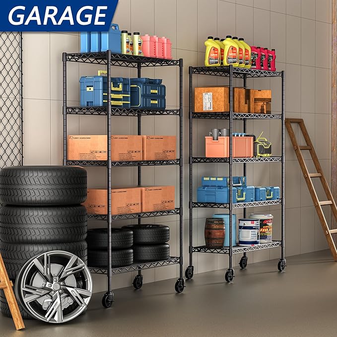 5-Shelf Adjustable Heavy Duty Storage Shelving Unit on 4 Wheel Casters, Metal Organizer Wire Rack for Laundry Bathroom Kitchen Pantry Closet, Black