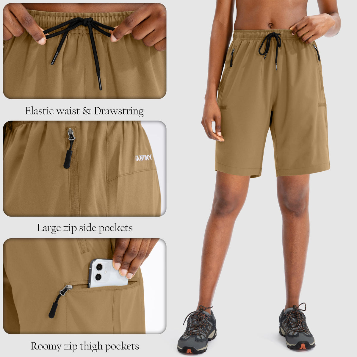 SANTINY Women's 5''/ 7''/9'' Hiking Cargo Shorts Quick Dry Lightweight Summer Shorts for Women Athletic Zipper Pockets(Dark Khaki_XXL)