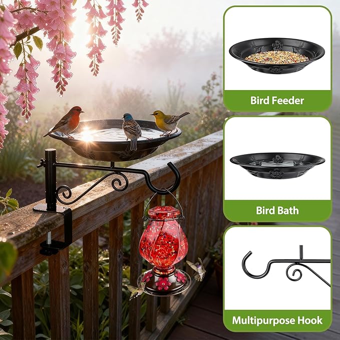 Balcony Bird Feeder, BOLITE Hanging Bird Bath Outdoors Deck Mounted with Garden Decorative Hook for Hanging Planters, Lanterns, Wind Chimes, Gifts for Women Men