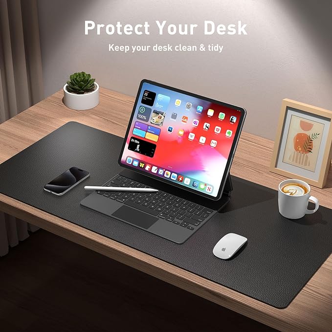 Aothia Non-Slip Waterproof PU Leather Desk Pad Protector for Mouse, Writing Desk, Office, Home, Laptop Blotter, 23.6" x 13.7", Black
