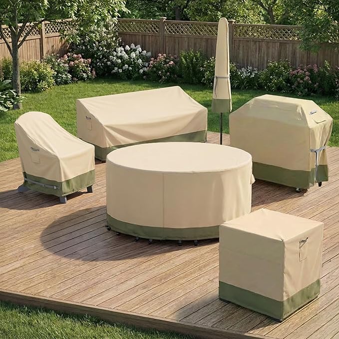 COWVIE Round Patio Dining Set Cover for Outdoor Table and Chairs, 600D Waterproof and UV-Resistant Fabric Patio Furniture Cover with Storage and Air Vent, 108''Dia x 32''H