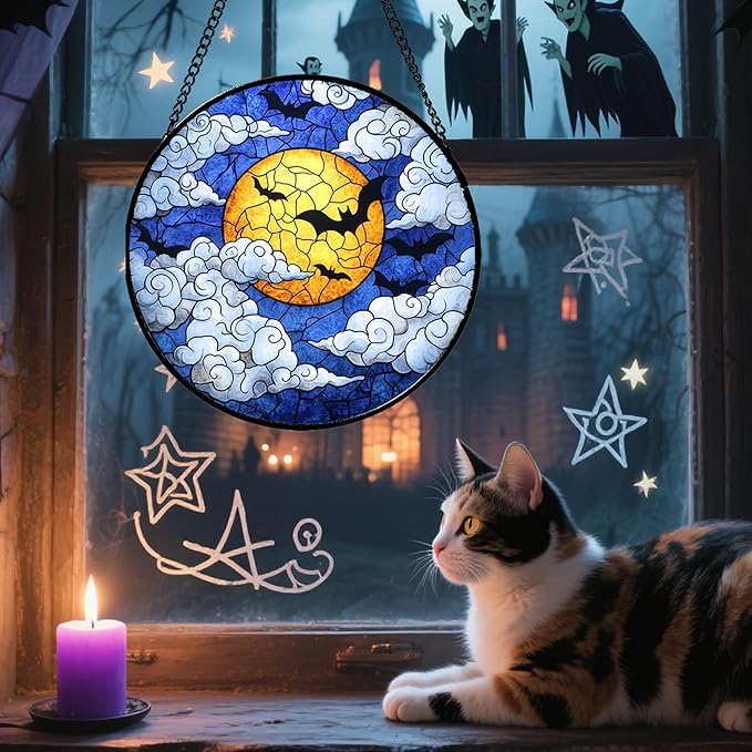Stained Glass Window Hanging - Halloween Decorations Bats Moon Clouds Suncatcher for Doors Garden Indoor Spooky Funny Sun Catchers Gothic Decor Horror Gifts for Women Men Friend 15 in