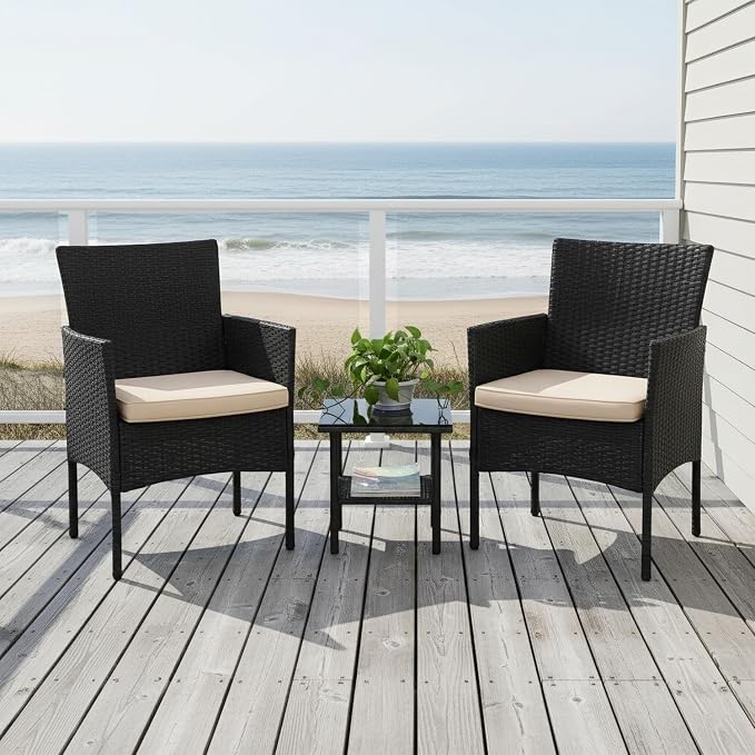 FDW 3 Pieces Patio Furniture Set Outdoor Wicker Bistro Sets Modern Rattan Chair Conversation Sets with Coffee Table for Yard Backyard Lawn Porch Poolside Balcony,Khaki Cushion